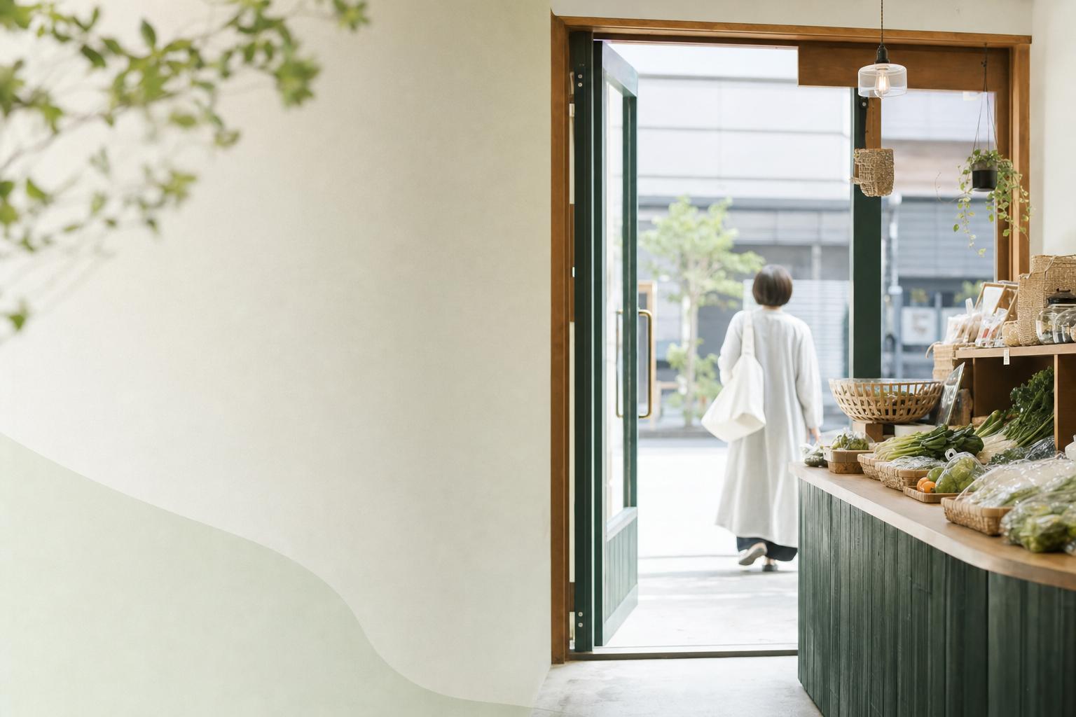 自然光が入るお店の入口と、店をあとにするお客様のイメージ