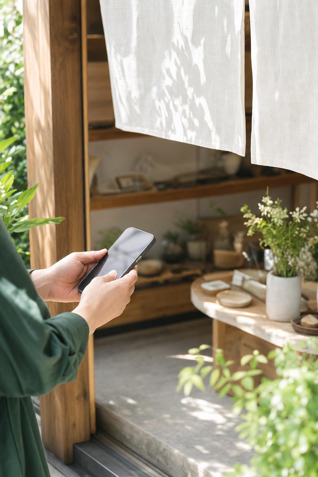 店内でスマートフォンを手にする店主のイメージ